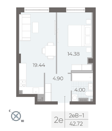 1 комн. квартира, 42.7 м², 4 этаж 