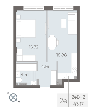 1 комн. квартира, 43.2 м², 4 этаж 