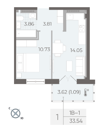 1 комн. квартира, 33.5 м², 7 этаж 