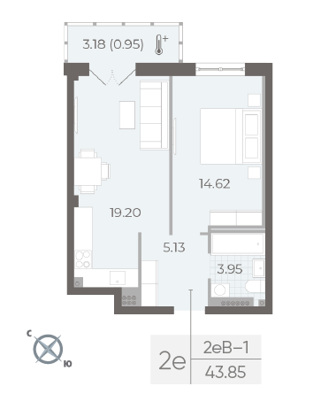 1 комн. квартира, 43.9 м², 6 этаж 