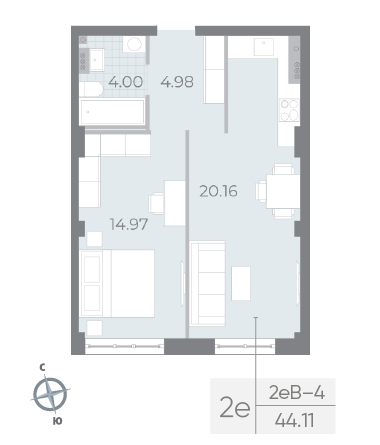 1 комн. квартира, 44.1 м², 4 этаж 