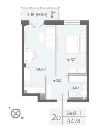 1 комн. квартира, 43.8 м², 7 этаж 