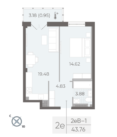 1 комн. квартира, 43.8 м², 8 этаж 