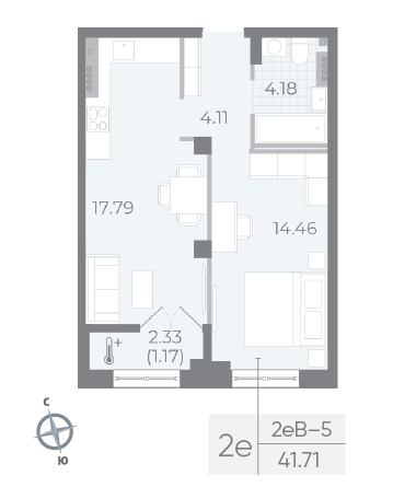 1 комн. квартира, 41.7 м², 5 этаж 