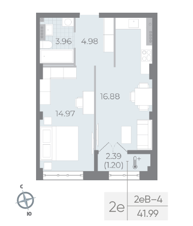 1 комн. квартира, 42 м², 5 этаж 