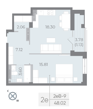 1 комн. квартира, 48 м², 7 этаж 