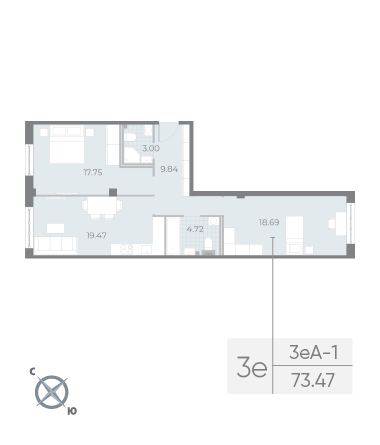 2 комн. квартира, 73.5 м², 2 этаж 