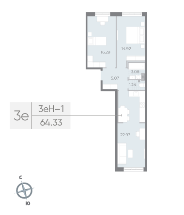 2 комн. квартира, 64.3 м², 4 этаж 