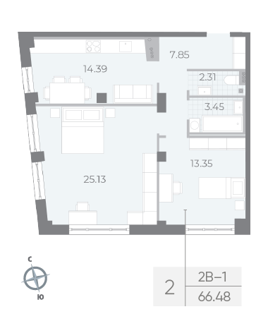 2 комн. квартира, 66.5 м², 4 этаж 