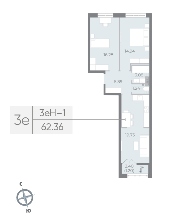 2 комн. квартира, 62.4 м², 5 этаж 
