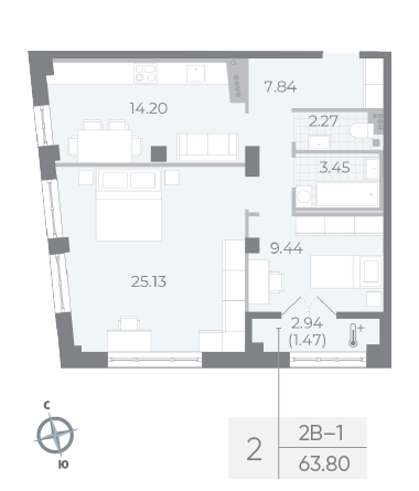 2 комн. квартира, 63.8 м², 5 этаж 