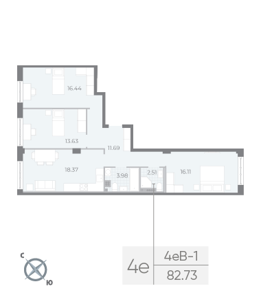 3 комн. квартира, 82.7 м², 4 этаж 