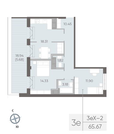 2 комн. квартира, 65.7 м², 8 этаж 