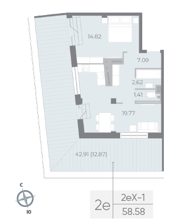 1 комн. квартира, 58.6 м², 7 этаж 
