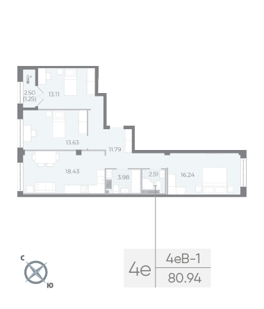 3 комн. квартира, 80.9 м², 5 этаж 