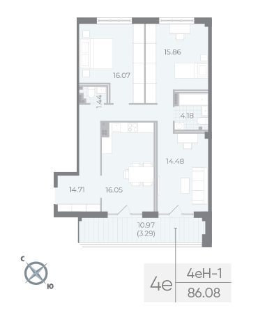 3 комн. квартира, 86.1 м², 7 этаж 
