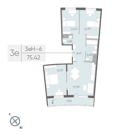 3 комн. квартира, 75.4 м², 14 этаж 