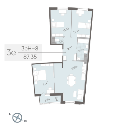 3 комн. квартира, 87.4 м², 14 этаж 