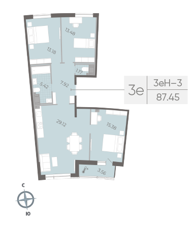 3 комн. квартира, 87.5 м², 14 этаж 