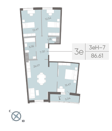 3 комн. квартира, 86.6 м², 14 этаж 