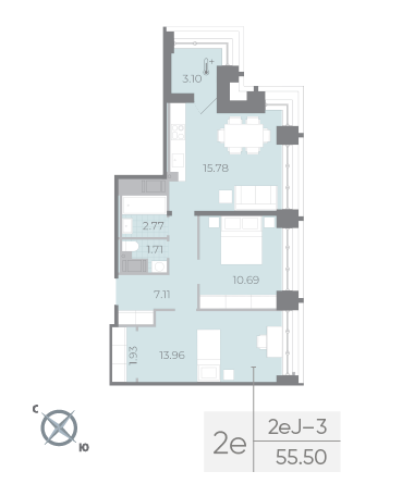 2 комн. квартира, 55.5 м², 17 этаж 