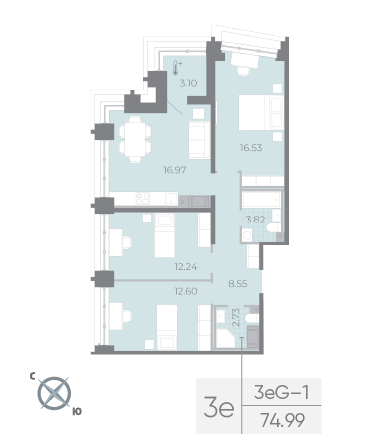 3 комн. квартира, 75 м², 17 этаж 