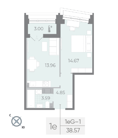 1 комн. квартира, 38.6 м², 17 этаж 