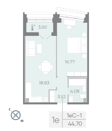 1 комн. квартира, 44.7 м², 17 этаж 