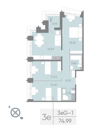 3 комн. квартира, 75 м², 17 этаж 