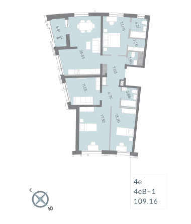 4 комн. квартира, 109.2 м², 4 этаж 