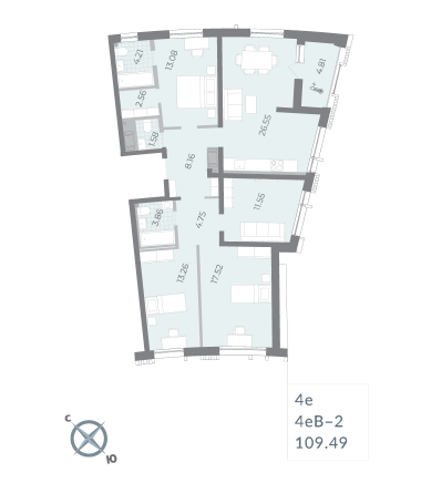 4 комн. квартира, 109.5 м², 8 этаж 