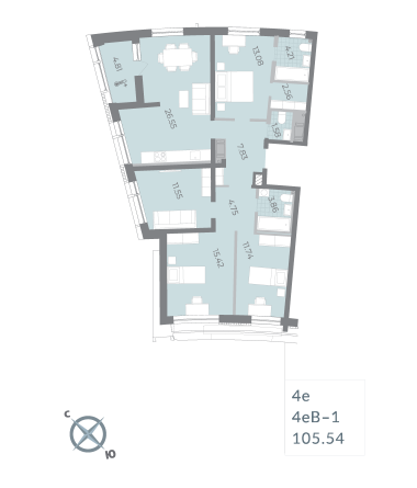 4 комн. квартира, 105.5 м², 14 этаж 