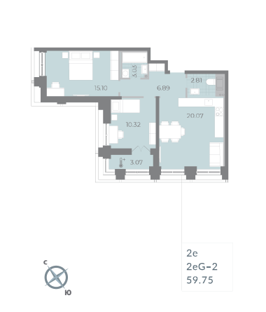 2 комн. квартира, 59.8 м², 17 этаж 