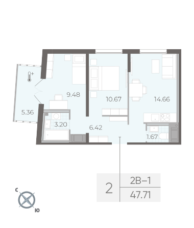 2 комн. квартира, 47.7 м², 17 этаж 