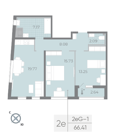 2 комн. квартира, 66.4 м², 17 этаж 