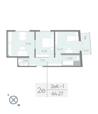2 комн. квартира, 64.3 м², 17 этаж 