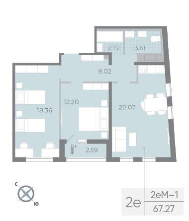 2 комн. квартира, 67.3 м², 17 этаж 