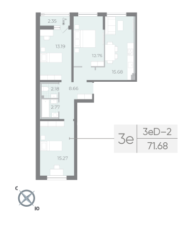 3 комн. квартира, 71.7 м², 2 этаж 