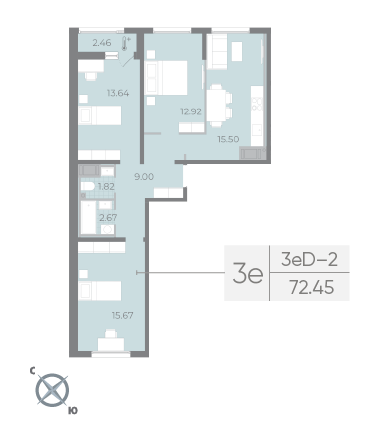 3 комн. квартира, 72.5 м², 3 этаж 