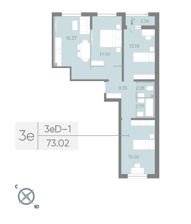 3 комн. квартира, 73 м², 2 этаж 