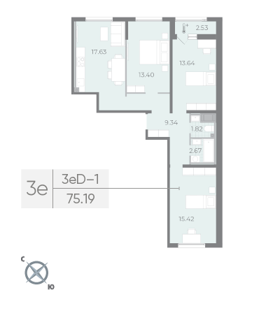 3 комн. квартира, 75.2 м², 11 этаж 