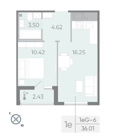 1 комн. квартира, 36 м², 15 этаж 