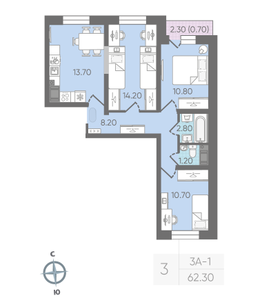 3 комн. квартира, 62.3 м², 3 этаж 