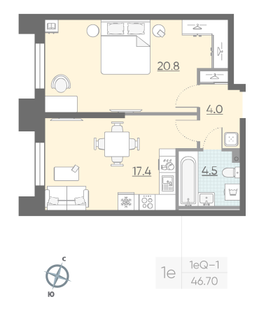 1 комн. квартира, 46.7 м², 2 этаж 