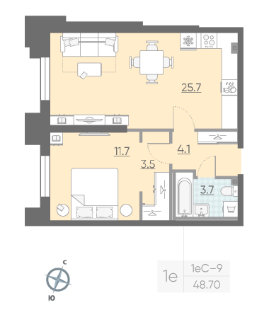 1 комн. квартира, 48.7 м², 2 этаж 