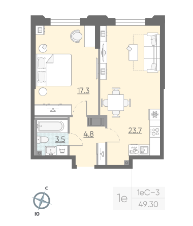 1 комн. квартира, 49.3 м², 3 этаж 