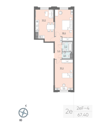 2 комн. квартира, 67.4 м², 3 этаж 
