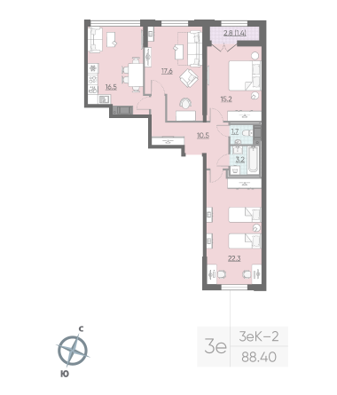 3 комн. квартира, 88.4 м², 14 этаж 