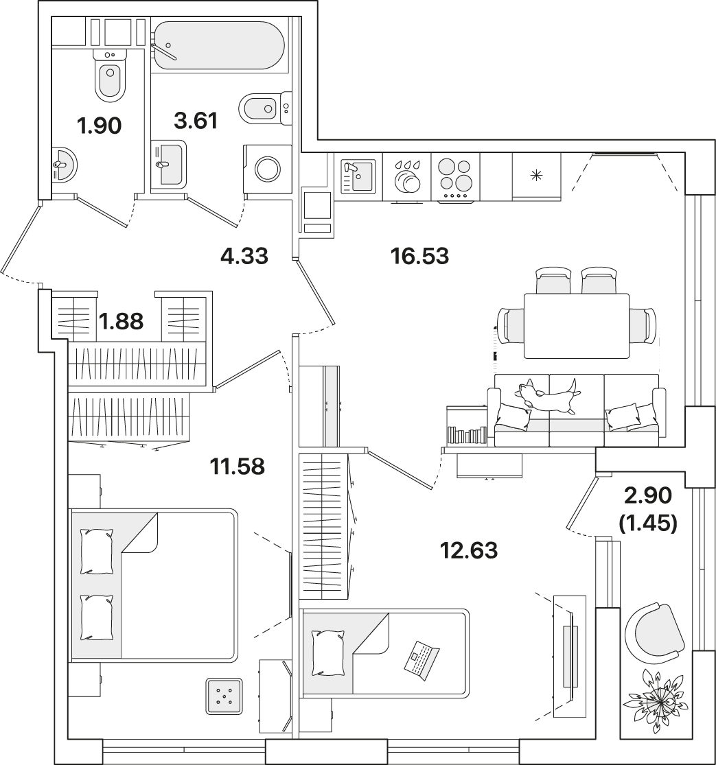 2 комн. квартира, 53.9 м², 5 этаж 