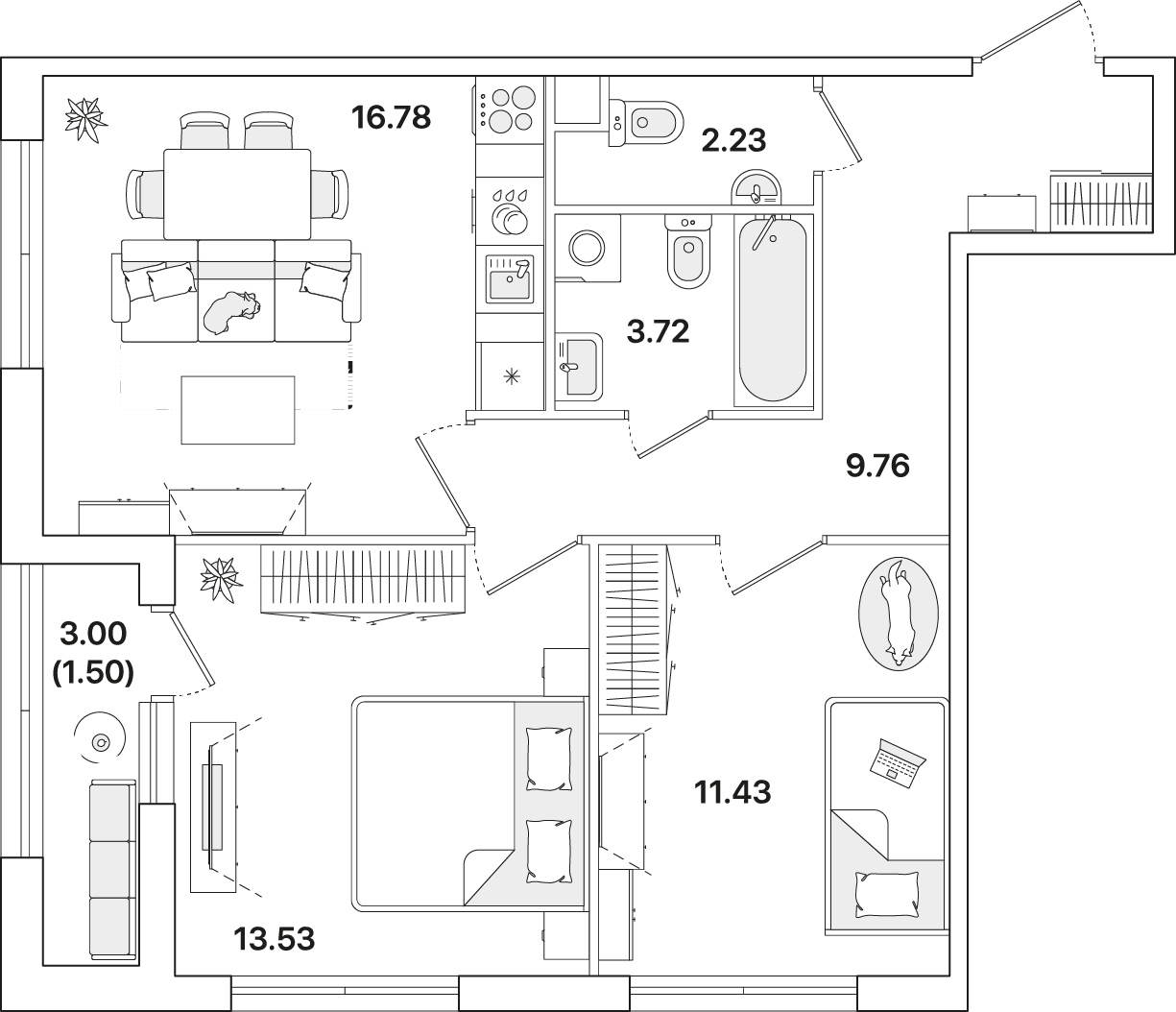 2 комн. квартира, 59 м², 1 этаж 